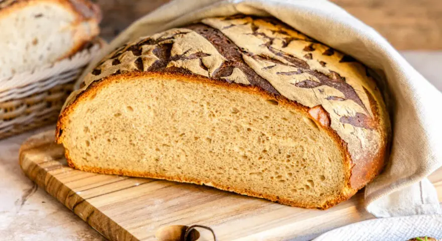 Frisches Brot mit knuspriger Kruste, bereit, mit Wasser bestrichen zu werden. Daneben ein Korb mit weiteren Brotscheiben.