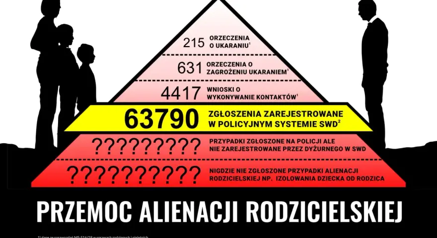 Piramide ukazuje skalę przemocy, gdzie na szczycie są orzeczenia o ukaraniu, a u podstawy zgłoszenia, które nie trafiają do systemu. To pokazuje skalę alienacji rodzicielskiej objawy.