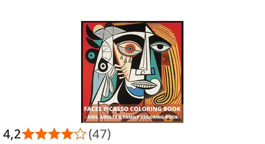 En färgglad bokomslag med kubistiska ansikten, inspirerade av Picasso målningar. Perfekt för alla som älskar konst.