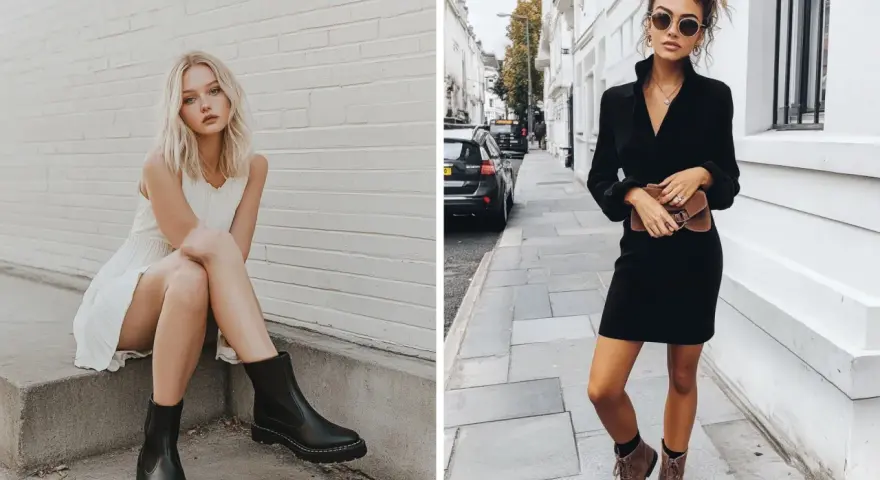 Due donne con stivaletti e vestiti eleganti. Una con abito bianco e stivaletti neri, l'altra con abito nero e stivaletti marroni.