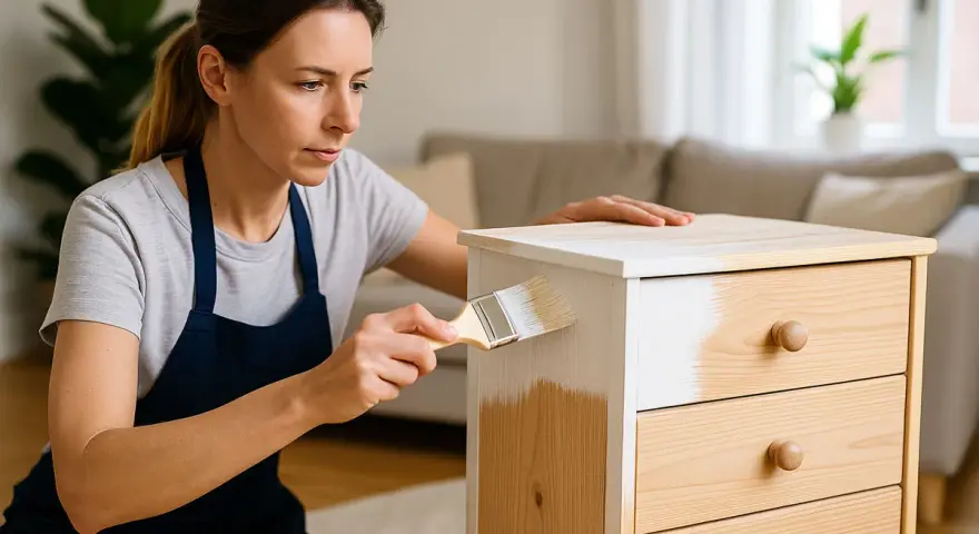 Donna dipinge un mobile in legno con una mano di cementite senza carteggiare, trasformando il mobile con facilità.