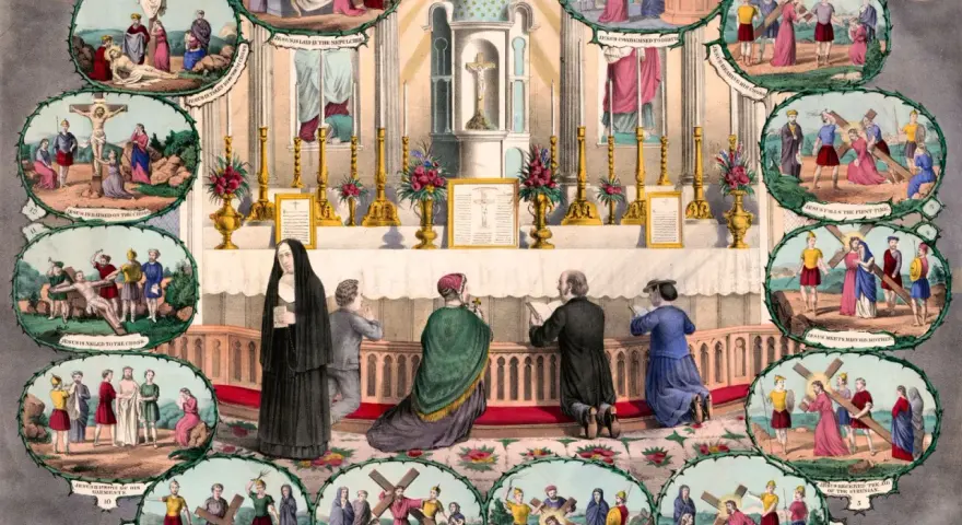 Catholic Stations of the Cross depicted around an altar, showing Jesus' journey to crucifixion.