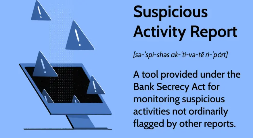 A Suspicious Activity Report (SAR) is a banking tool to monitor unusual transactions, as shown by warning signs around a computer screen.