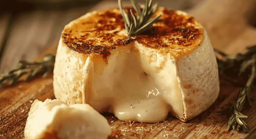 Camembert coulant, doré et gratiné, tout juste sorti de l'air fryer. Un délice crémeux à déguster avec une branche de romarin.