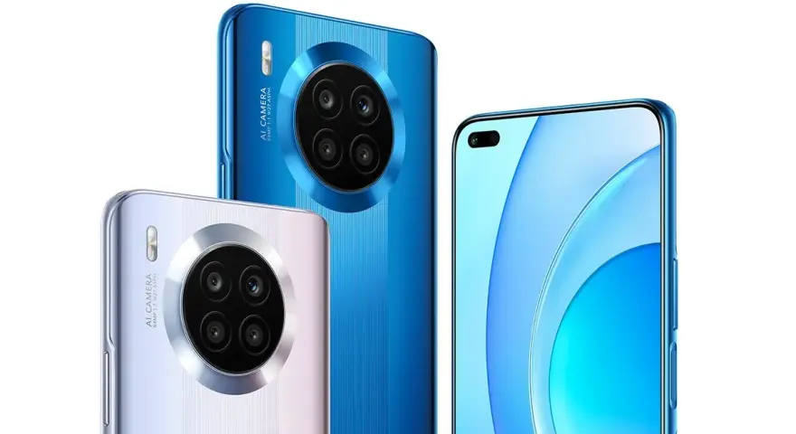 Trzy telefony: dwa z tyłu z okrągłymi modułami aparatów (niebieski i srebrny), jeden z przodu z ekranem i podwójnym aparatem do selfie. To honor 50 lite.
