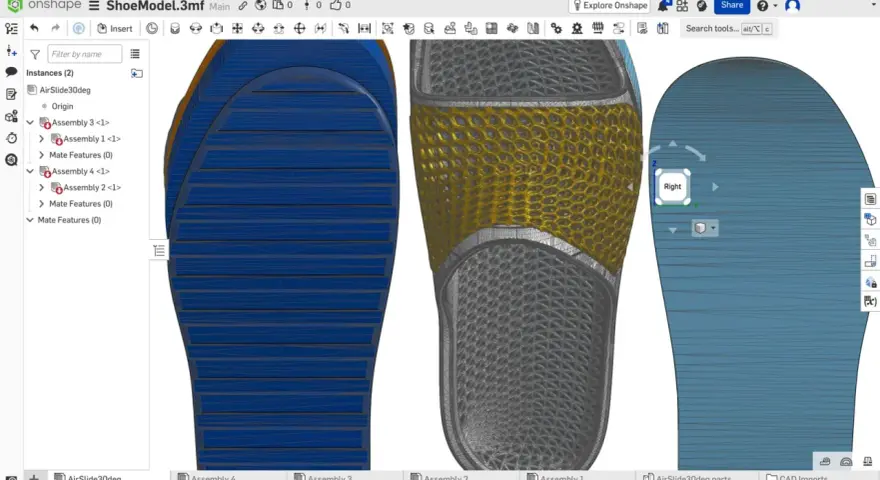 Onshape interface showing 3D shoe model design, a prime example of the best 3D CAD software for complex assemblies.