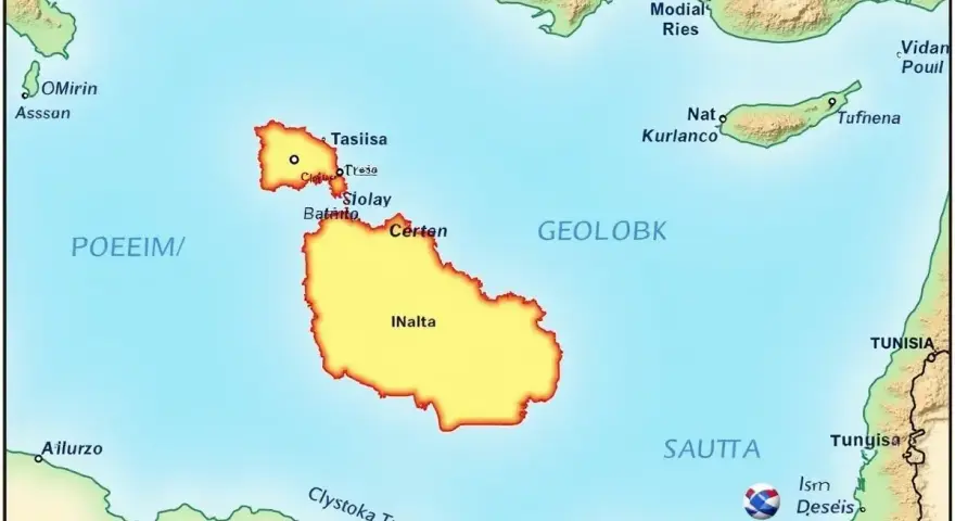 Mapa pokazuje, gdzie leży Malta, między Tunezją a Włochami, z zaznaczonymi wyspami i miastami.