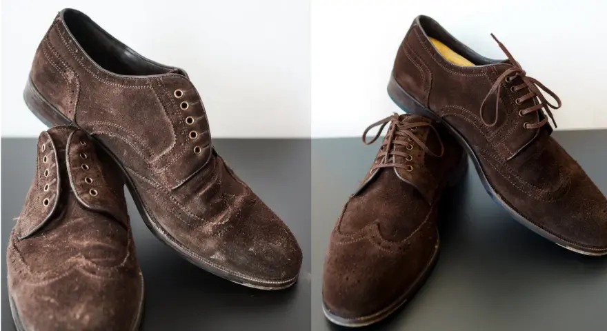 Brązowe buty zamszowe przed i po farbowaniu. Odświeżanie wyglądu obuwia.