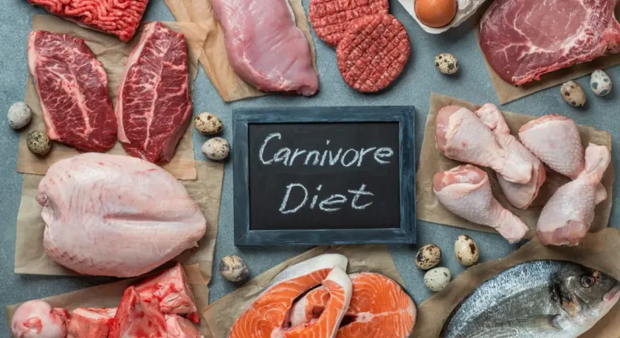 Różnorodne mięsa, ryby i jaja na stole. Tabliczka z napisem "Carnivore Diet" sugeruje potencjalne dieta karniwora efekty.