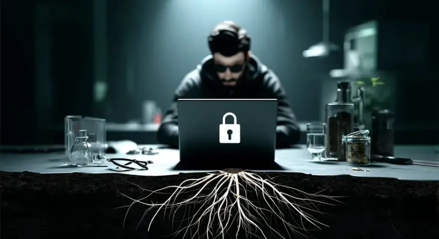Haker w kapturze pracuje przy laptopie z symbolem kłódki. Pod stołem wyrastają korzenie, symbolizujące ukryty **rootkit**.