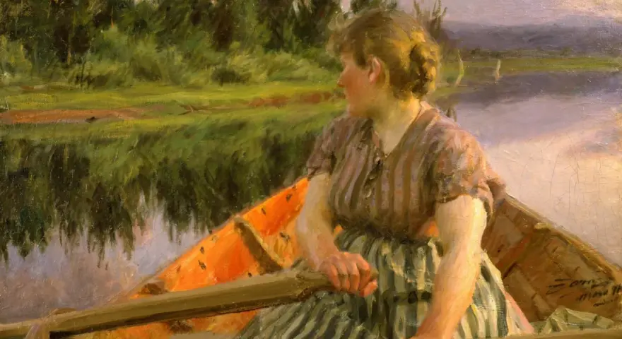 En kvinna ror i en båt, en klassisk scen av anders zorn konst. Vattnet speglar den gröna naturen.