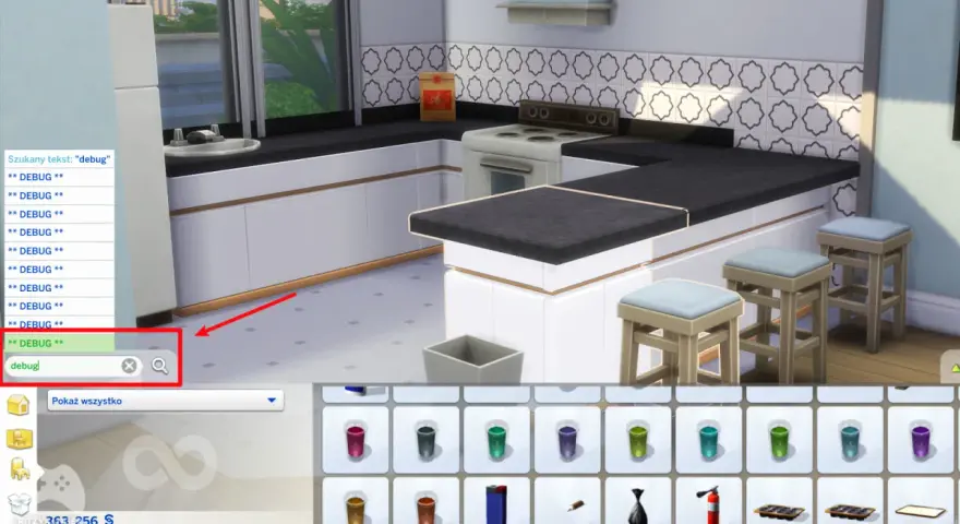 Wpisanie "debug" w wyszukiwarkę przedmiotów w The Sims 4, aby znaleźć ukryte obiekty.