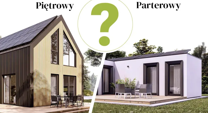Piętrowy dom z drewnianą elewacją i panelem słonecznym kontra parterowy, nowoczesny budynek. Który wybierasz?