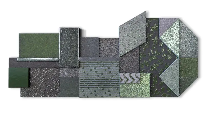 Composizione geometrica di texture verdi e grigie, che evoca il significato della pietra lavica: forza e trasformazione.
