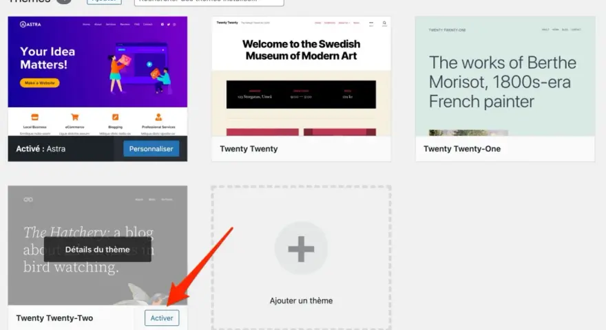 Interface de gestion des thèmes WordPress. Astra est actif, d'autres thèmes comme Twenty Twenty et Twenty Twenty-One sont visibles, prêts pour un portfolio.