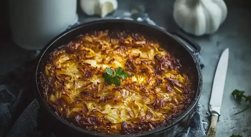 En gyllene kålpudding i gjutjärnspanna, redo att serveras. Ett klassiskt kålpudding recept som doftar ljuvligt.