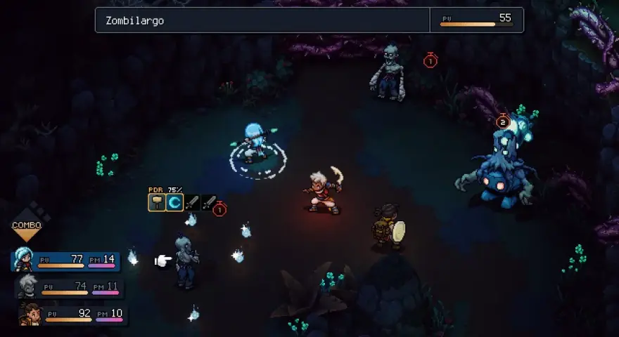 Combate en el **sea of stars dlc**. Personajes luchan contra zombis y un monstruo azul en un entorno oscuro.