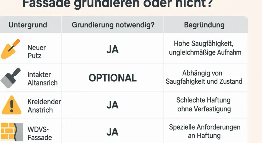 Tabelle zeigt, wann eine Fassade grundieren notwendig ist: Neuer Putz und kreidender Anstrich erfordern Grundierung.