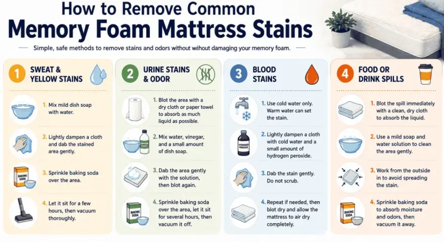 Learn how to clean a mattress with this guide on removing common memory foam stains like sweat, urine, blood, and spills using simple household items.