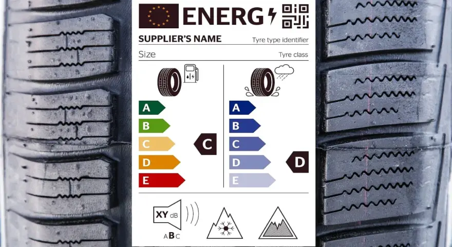 Szczegółowe etykiety opon z klasyfikacją energetyczną, przyczepnością na mokrej nawierzchni i poziomem hałasu.