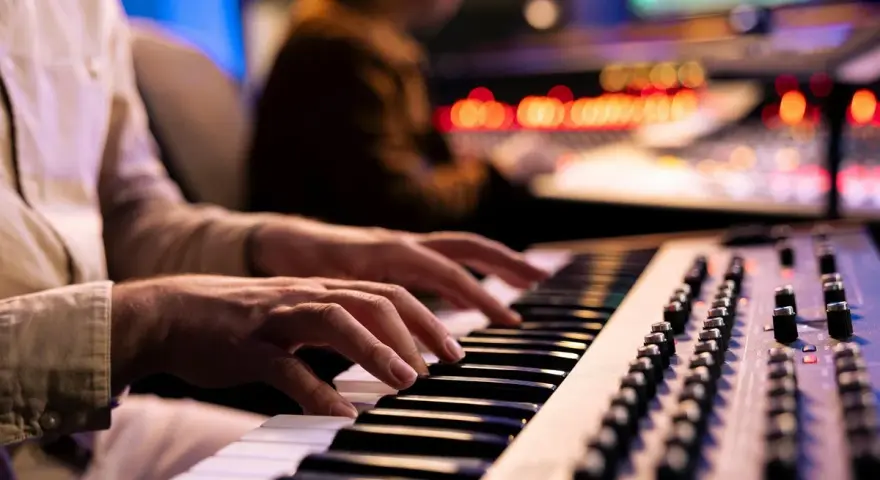 Hände spielen Synthesizer-Tasten, während im Hintergrund ein Tontechniker an einem Mischpult arbeitet. Die Szene fängt die Entstehung eines neuen ep album ein.