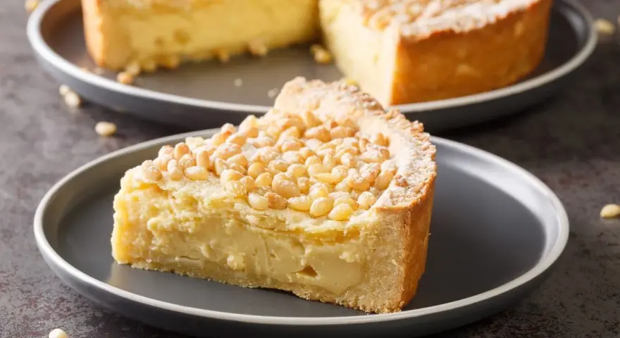 Una fetta di torta con crema pasticcera e pinoli, cosparsa di zucchero a velo. Un dolce invitante.