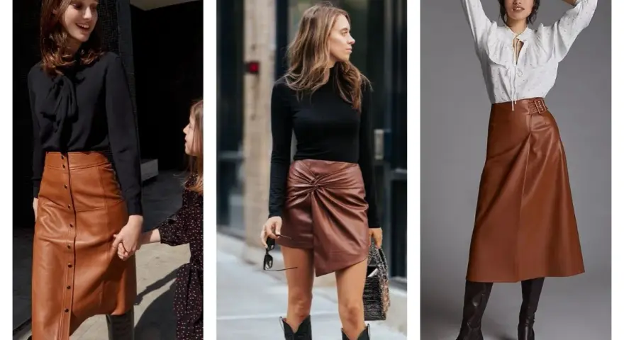 Trois femmes portent des jupes marron en cuir, de styles variés, avec des hauts noirs ou blancs et des bottes.