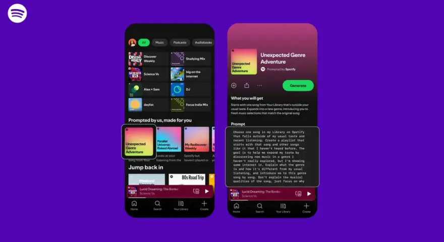 Spotify-App zeigt eine "daily playlist" namens "Unexpected Genre Adventure". Nutzer können neue Musik entdecken.