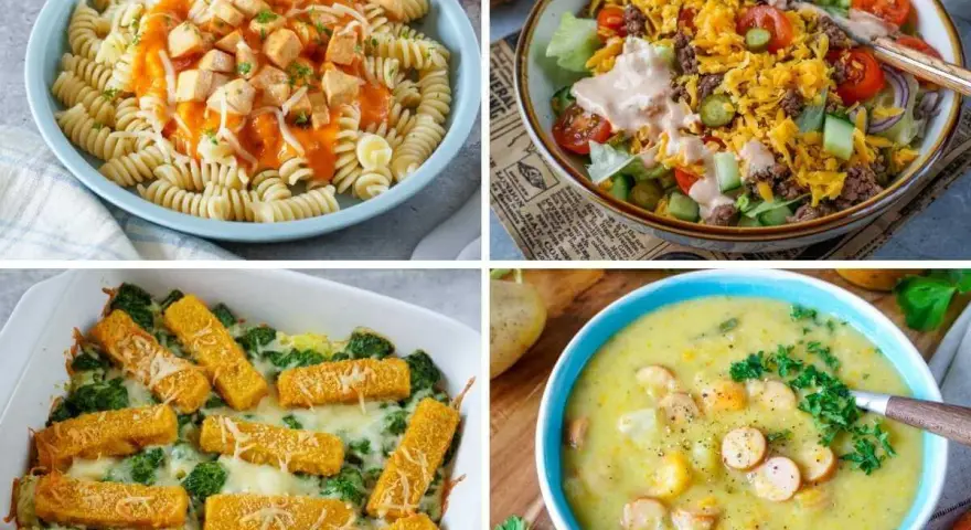 Was koche ich am Wochenende? Vier leckere Ideen: Nudeln mit Soße, Salat, Auflauf mit Fischstäbchen und Gemüse, und eine cremige Kartoffelsuppe.