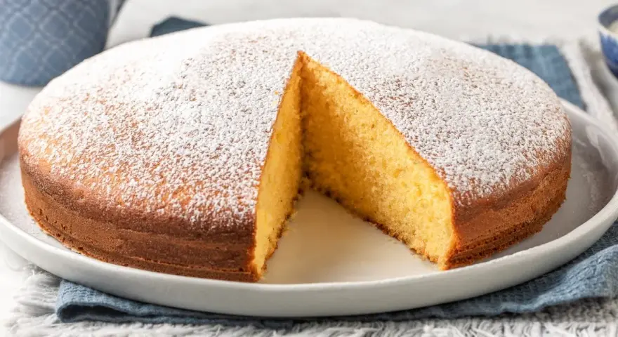 Torta soffice allo yogurt greco, cosparsa di zucchero a velo, con una fetta tagliata che ne rivela l'interno dorato.