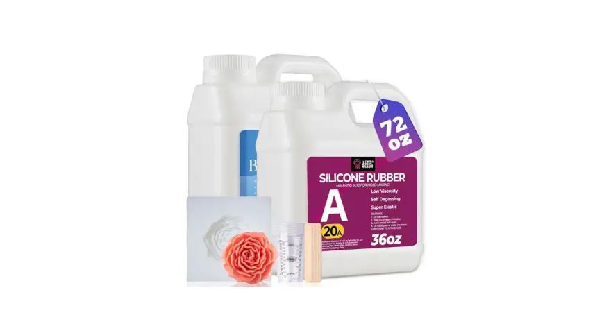 Silicone rubber kit for mold making, featuring two bottles, measuring cups, and wooden stirrers.