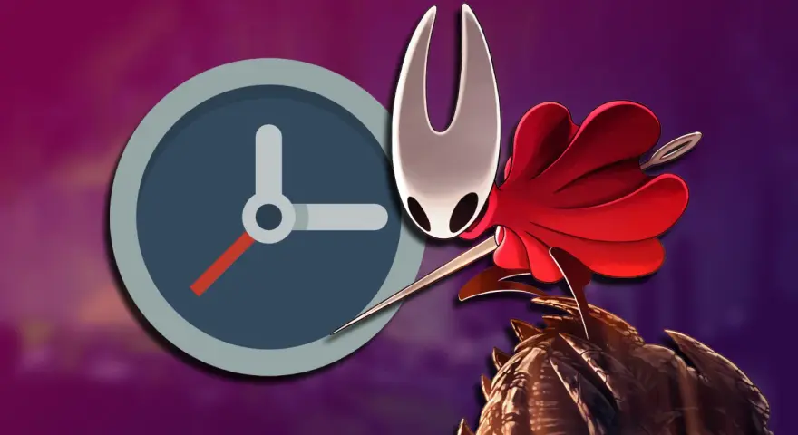 Reloj junto a Hornet de Hollow Knight. ¿Cuánto dura Hollow Knight? Averigua el tiempo de juego.