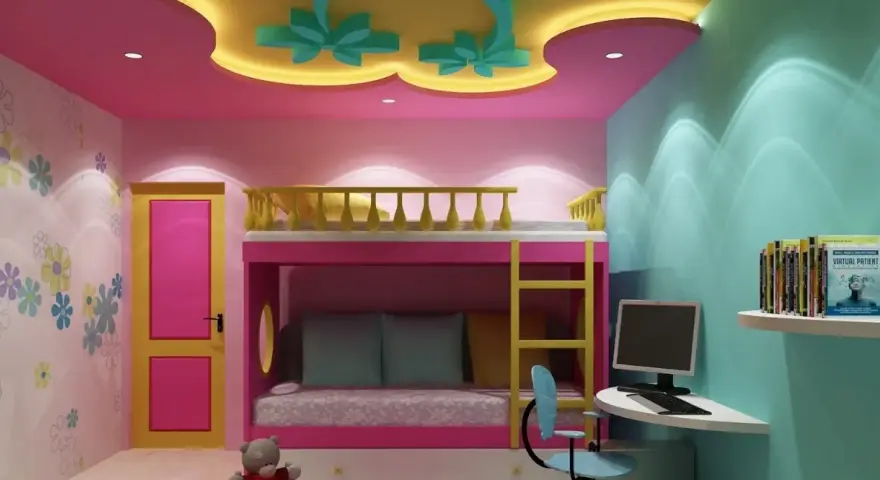 Cameretta con letto a castello, scrivania e decorazioni a soffitto. Idee cartongesso cameretta per un ambiente colorato e funzionale.