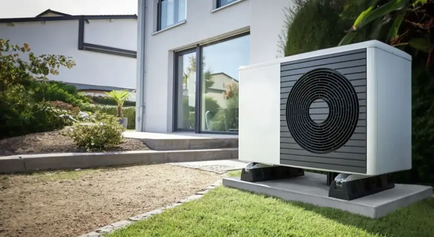 Un moderno sistema hvac, una unidad exterior blanca con rejilla circular negra, se asienta sobre una base de hormigón en un jardín cuidado.
