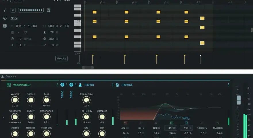 Sekwencer MIDI i panel kontrolny efektów audio, gdzie technik realizacji nagrań dopracowuje brzmienie.