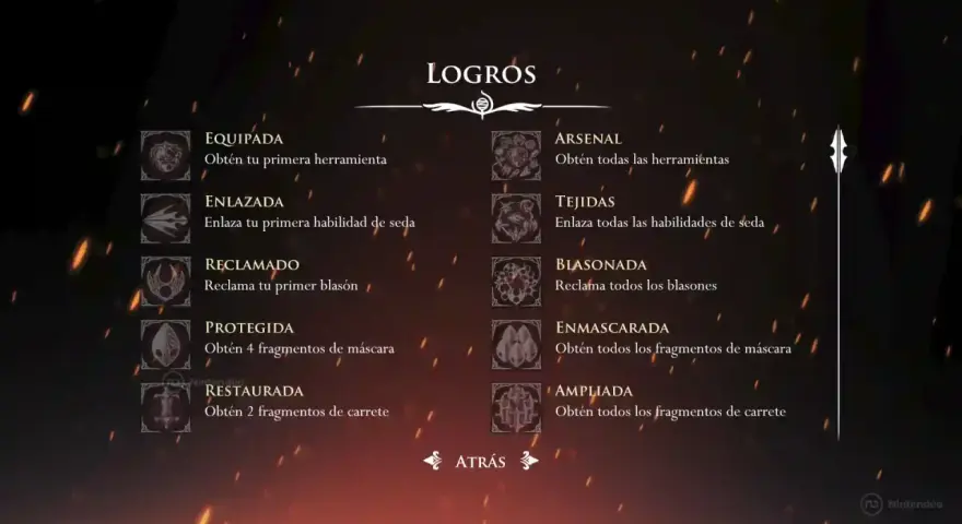 Pantalla de logros de Hollow Knight, mostrando la progresión en herramientas, habilidades y coleccionables.