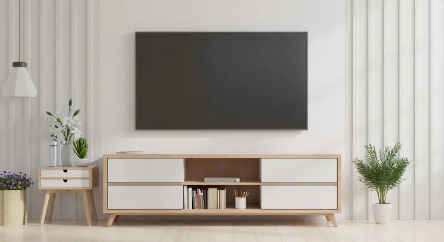 Un salón moderno con una tv colgada en la pared sin cables visibles. Un mueble bajo de madera clara con cajones blancos y estantes con libros y plantas.