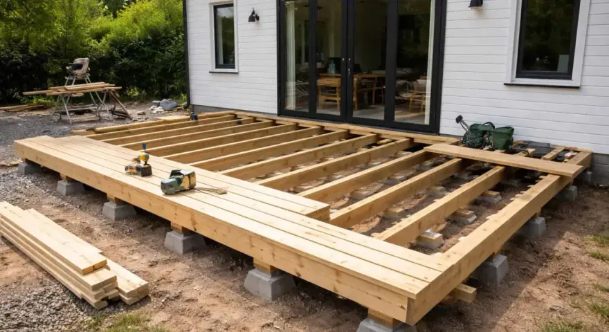 Byggnation av altan med träbjälkar på betongplintar. Bra altan tips för ett stabilt resultat.