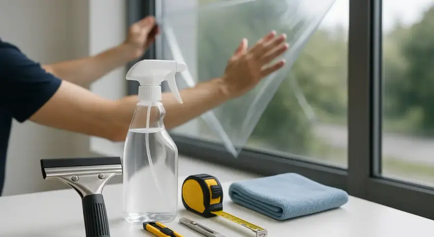 Person bringt Fensterfolie an. Werkzeuge wie Rakel, Sprühflasche, Cutter, Maßband und Tuch liegen bereit.
