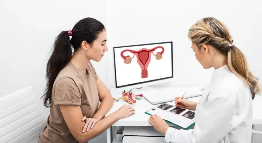 Lekarka wyjaśnia pacjentce, co to jest endometrium, pokazując schemat narządów rodnych na monitorze.