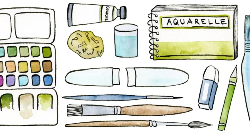 Palette d'aquarelle, pinceaux, tube de gouache, carnet, gomme, crayons et stylos. Tout le materiel paysage pour peindre.