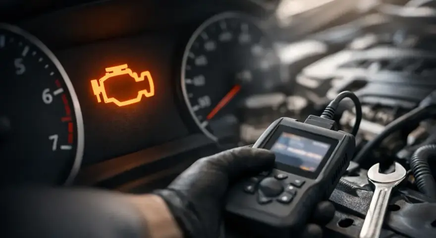 Motorkontrollleuchte leuchtet auf, ein Mechaniker prüft mit einem Diagnosegerät, ob der Katalysator defekt ist.