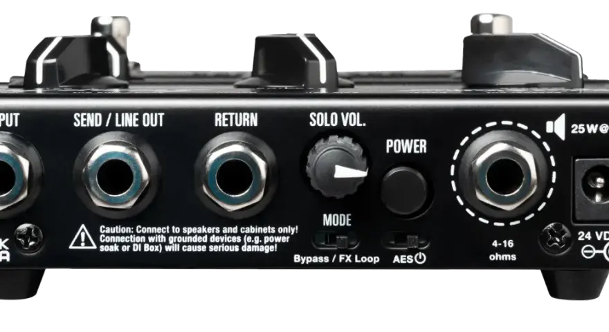 Rückseite eines Hughes & Kettner Stompman mit Anschlüssen für Input, Send/Line Out, Return, Solo Vol., Power und Lautsprecher.