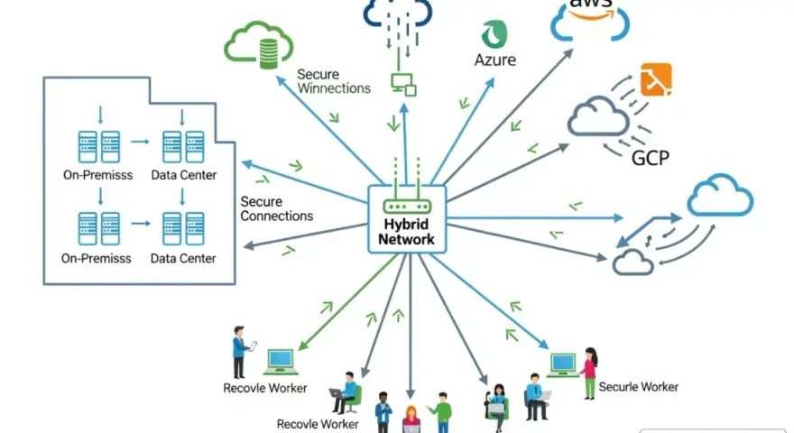 Diagram illustrating network management definition: a hybrid network connects on-premises data centers, remote workers, and cloud services like AWS, Azure, and GCP via secure connections.