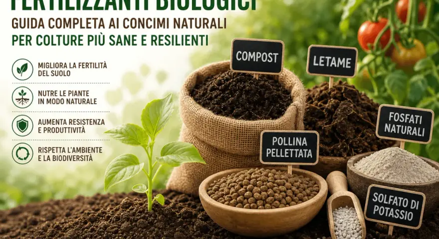 Fertilizzanti biologici: compost, letame, pollina pellettata, fosfati naturali e solfato di potassio per colture sane e resilienti.