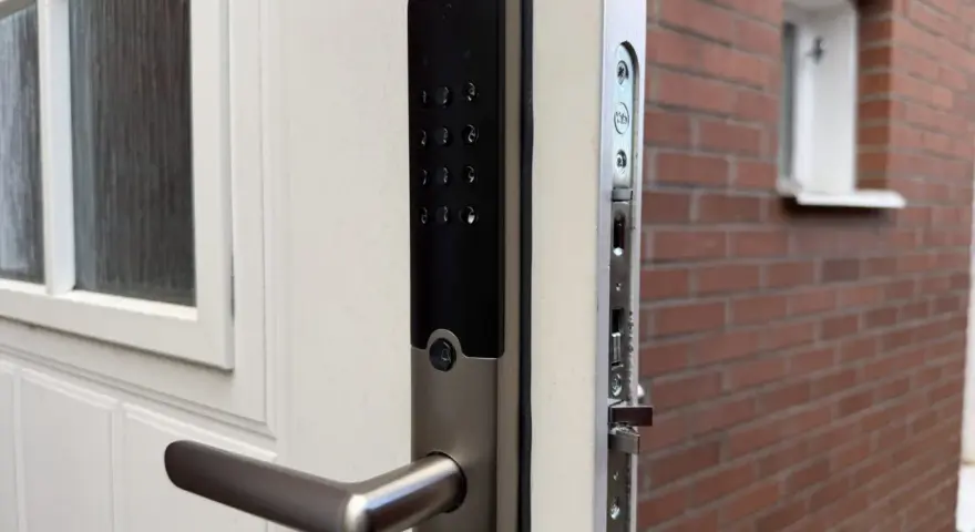 Yale Doorman, en smart lås som kan styras med Google Home, monterad på en vit dörr.