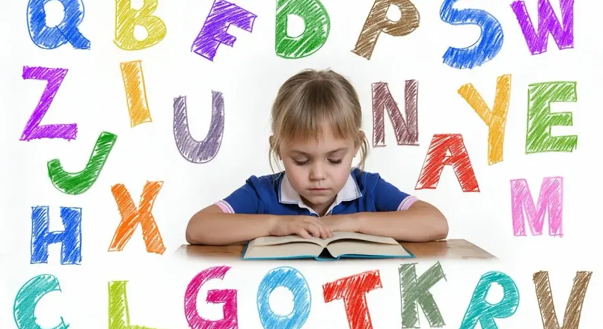 Dziewczynka z orzeczeniem o dysleksji skupiona na książce, otoczona kolorowymi literami alfabetu.