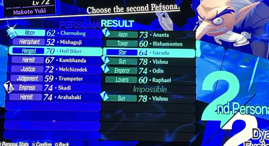 Makoto Yuki, nivel 72, elige su segunda Persona. La pantalla muestra resultados de fusión, con "Star" y "Garuda" resaltados.