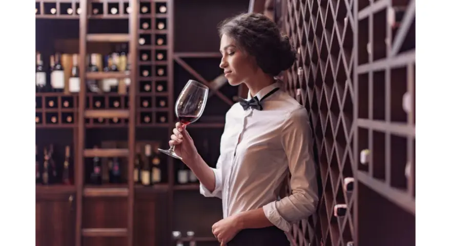Elegancka sommelierka w piwnicy z winami ocenia aromat czerwonego wina.