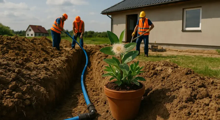 Pracownicy w kamizelkach wykonują przyłącze wody, układając niebieską rurę w wykopie. W doniczce obok rośnie kwiat.